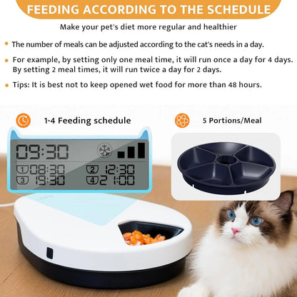 Automatic Cat Feeder for Wet Food with Cooling – 5 Compartments & Timer Control (330g Capacity)