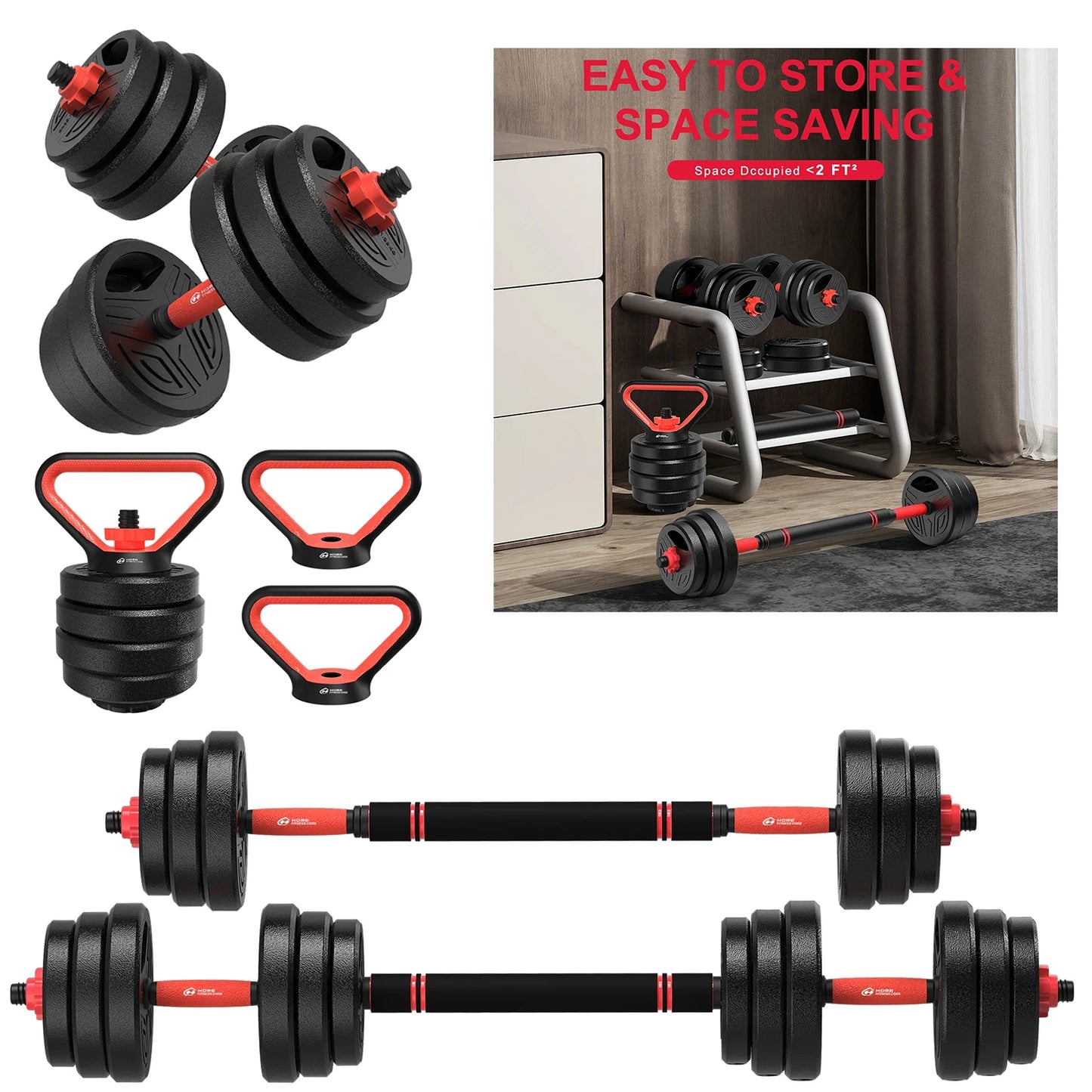 3-in-1 Adjustable Dumbbell Set 20kg – Convertible Dumbbells & Barbell with Plastic-Coated Plates