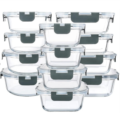 24-Piece Glass Food Storage Containers Set – 12 Glass Bowls with Snap Locking Airtight Lids