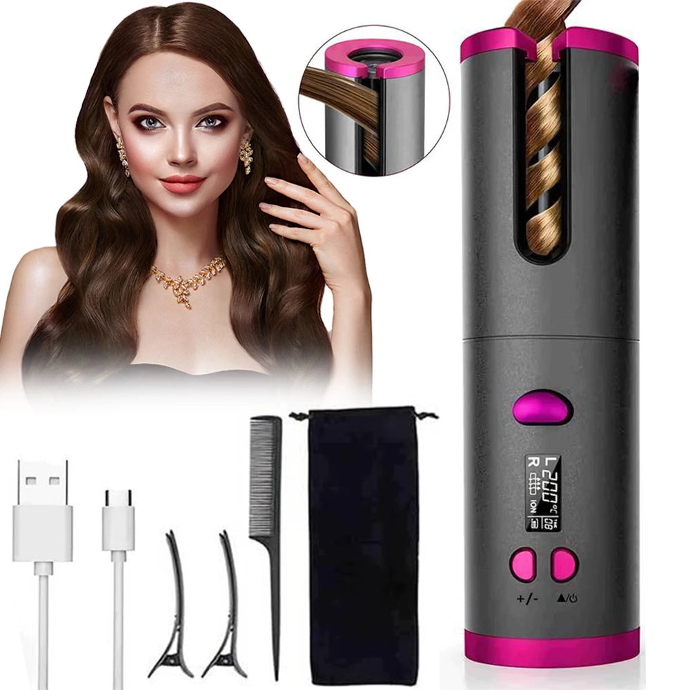 Automatic Hair Curler – Portable Cordless Rechargeable Auto Curling Iron with Digital Temperature Control