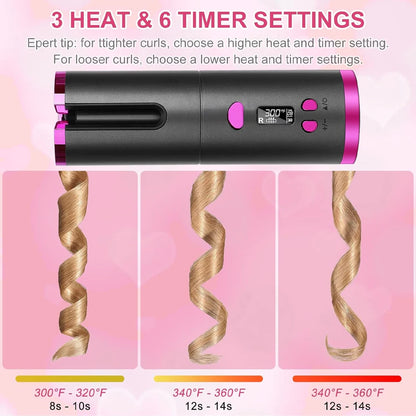 Automatic Hair Curler – Portable Cordless Rechargeable Auto Curling Iron with Digital Temperature Control