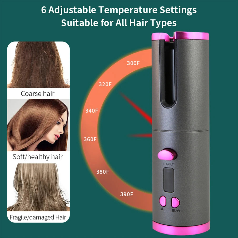 Automatic Hair Curler – Portable Cordless Rechargeable Auto Curling Iron with Digital Temperature Control