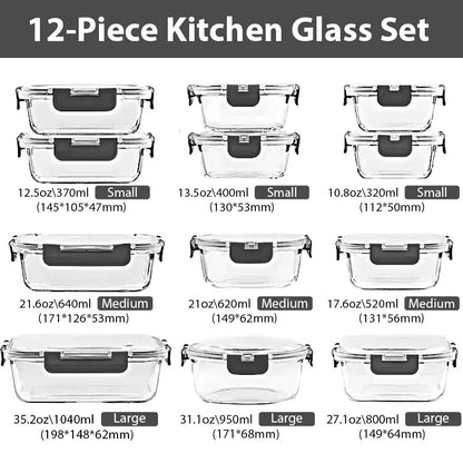 24-Piece Glass Food Storage Containers Set – 12 Glass Bowls with Snap Locking Airtight Lids