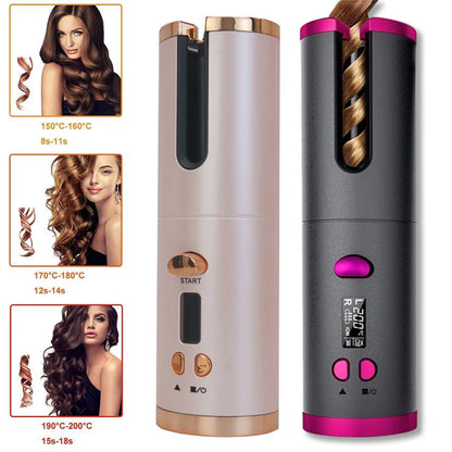 Automatic Hair Curler – Portable Cordless Rechargeable Auto Curling Iron with Digital Temperature Control