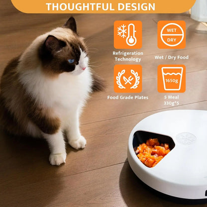 Automatic Cat Feeder for Wet Food with Cooling – 5 Compartments & Timer Control (330g Capacity)