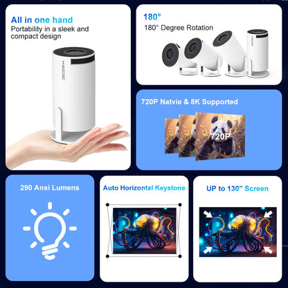 Mini Projector with WiFi 6 & Bluetooth – Full HD 1080P, 4K Support, Auto Keystone, Android 11, 12000 Lumens, Portable & Rotatable for Home Cinema and Outdoor Use