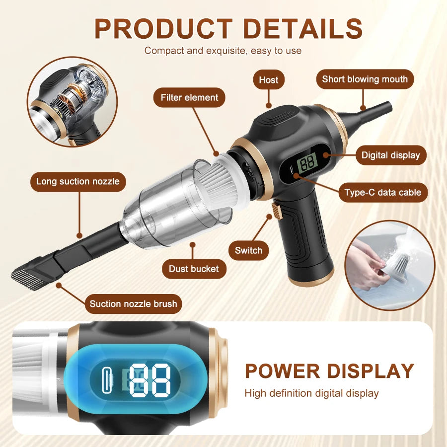 2-in-1 Cordless Car Vacuum Cleaner & Blower – High Power Portable Handheld Cleaner