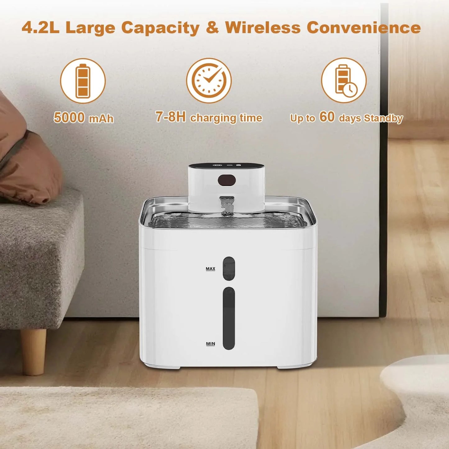 4.2L Stainless Steel Cat Water Fountain – Cordless Rechargeable Pet Water Dispenser with Motion Sensor