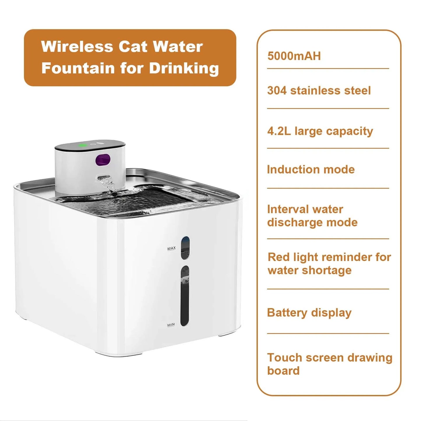 4.2L Stainless Steel Cat Water Fountain – Cordless Rechargeable Pet Water Dispenser with Motion Sensor