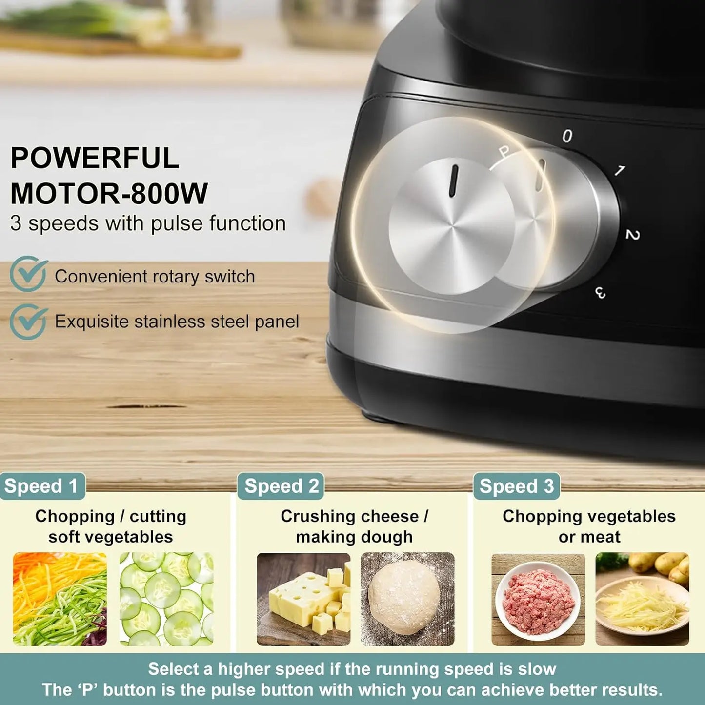 6-in-1 Food Processor 800W – 2L Mixing Bowl with 3 Speeds & Pulse for Chopping, Slicing, Shredding & Dough Kneading