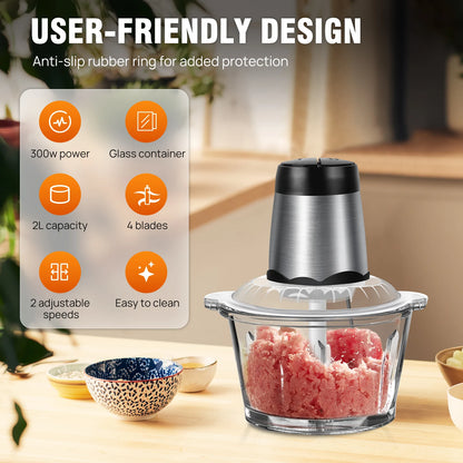2L Electric Food Chopper 300W – Vegetable Chopper, Meat Grinder & Food Processor with 2 Speeds