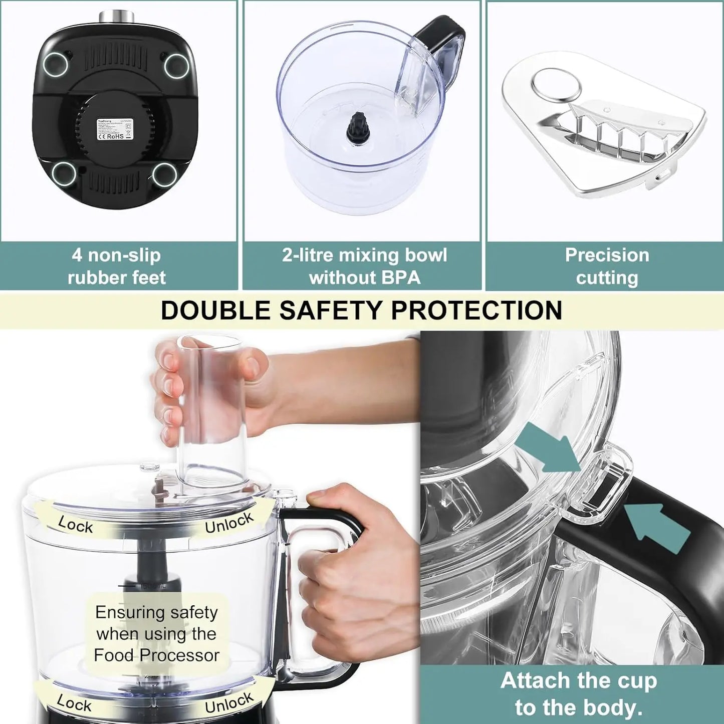 6-in-1 Food Processor 800W – 2L Mixing Bowl with 3 Speeds & Pulse for Chopping, Slicing, Shredding & Dough Kneading