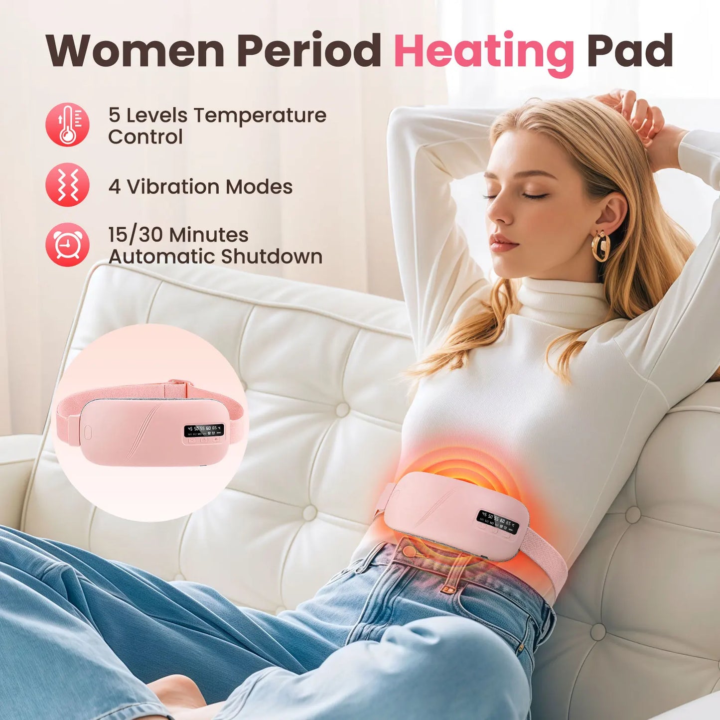 Electric Heating Pad for Menstrual Cramps | Women’s Period Pain Relief Belt with Heat & Vibration | Portable Rechargeable Abdominal Warmer
