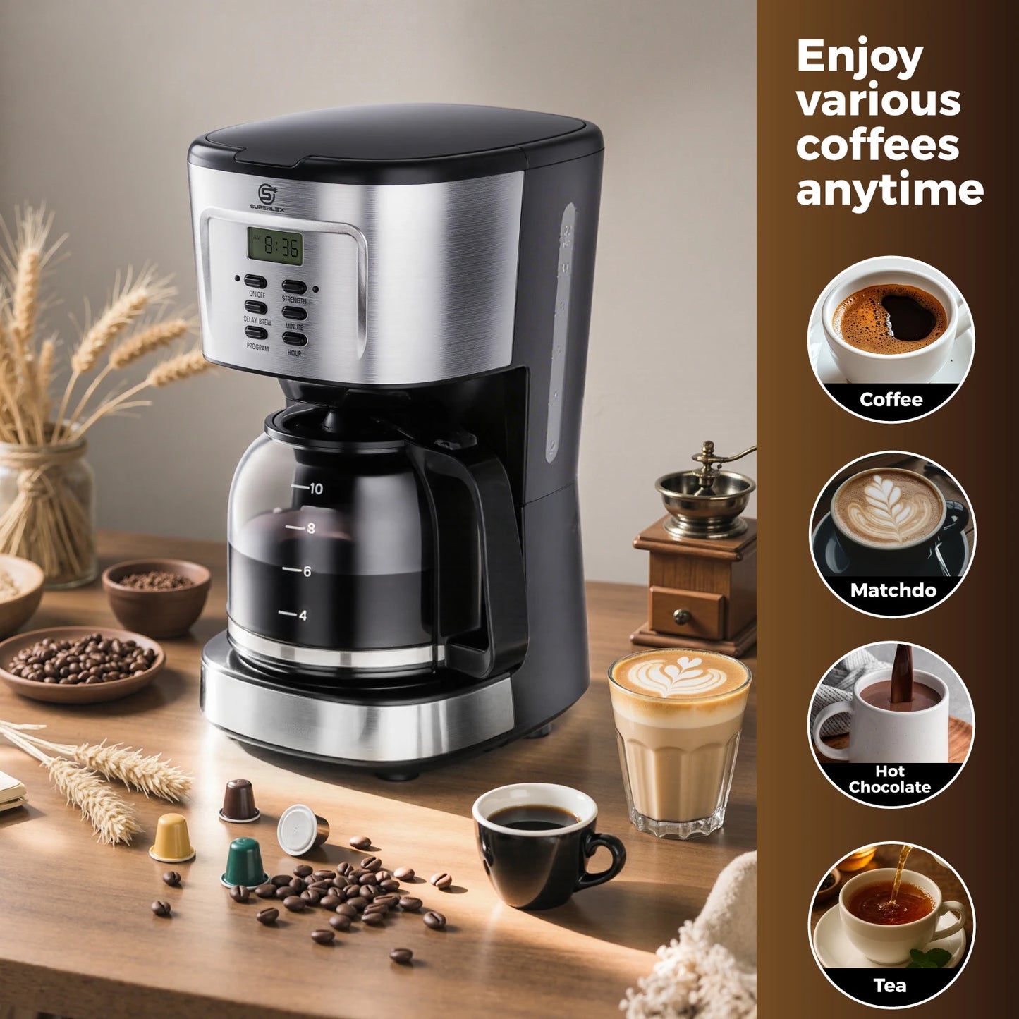 900W Electric Drip Coffee Maker 1.5L – Semi-Automatic American Style Coffee Machine with LCD Display