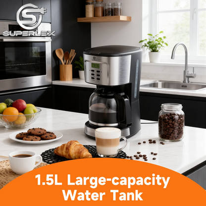 900W Electric Drip Coffee Maker 1.5L – Semi-Automatic American Style Coffee Machine with LCD Display