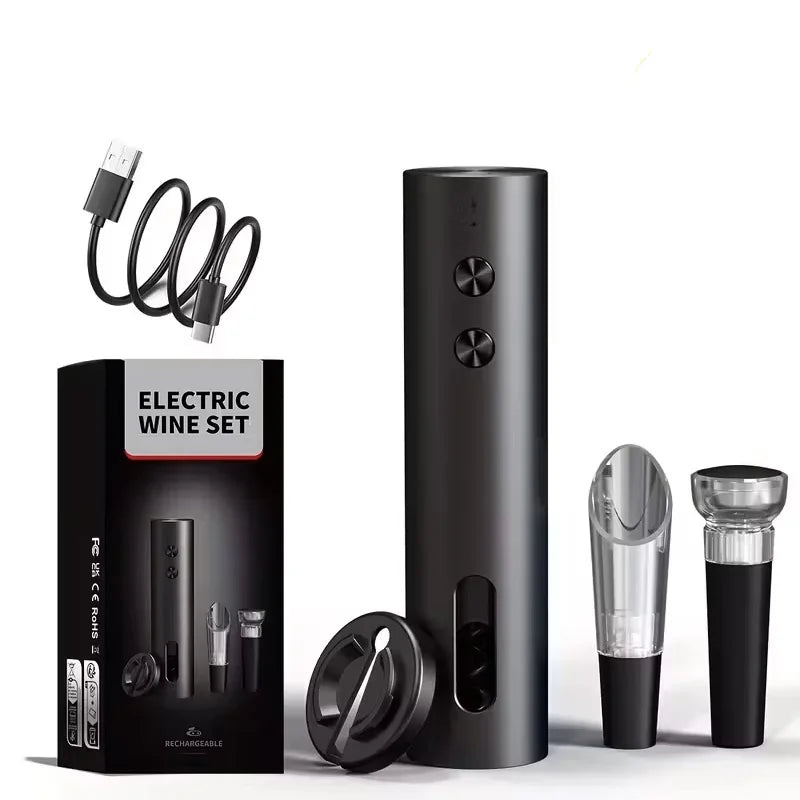 Rechargeable Electric Wine Opener Set – USB-C Corkscrew with Foil Cutter, Pourer & Vacuum Stopper
