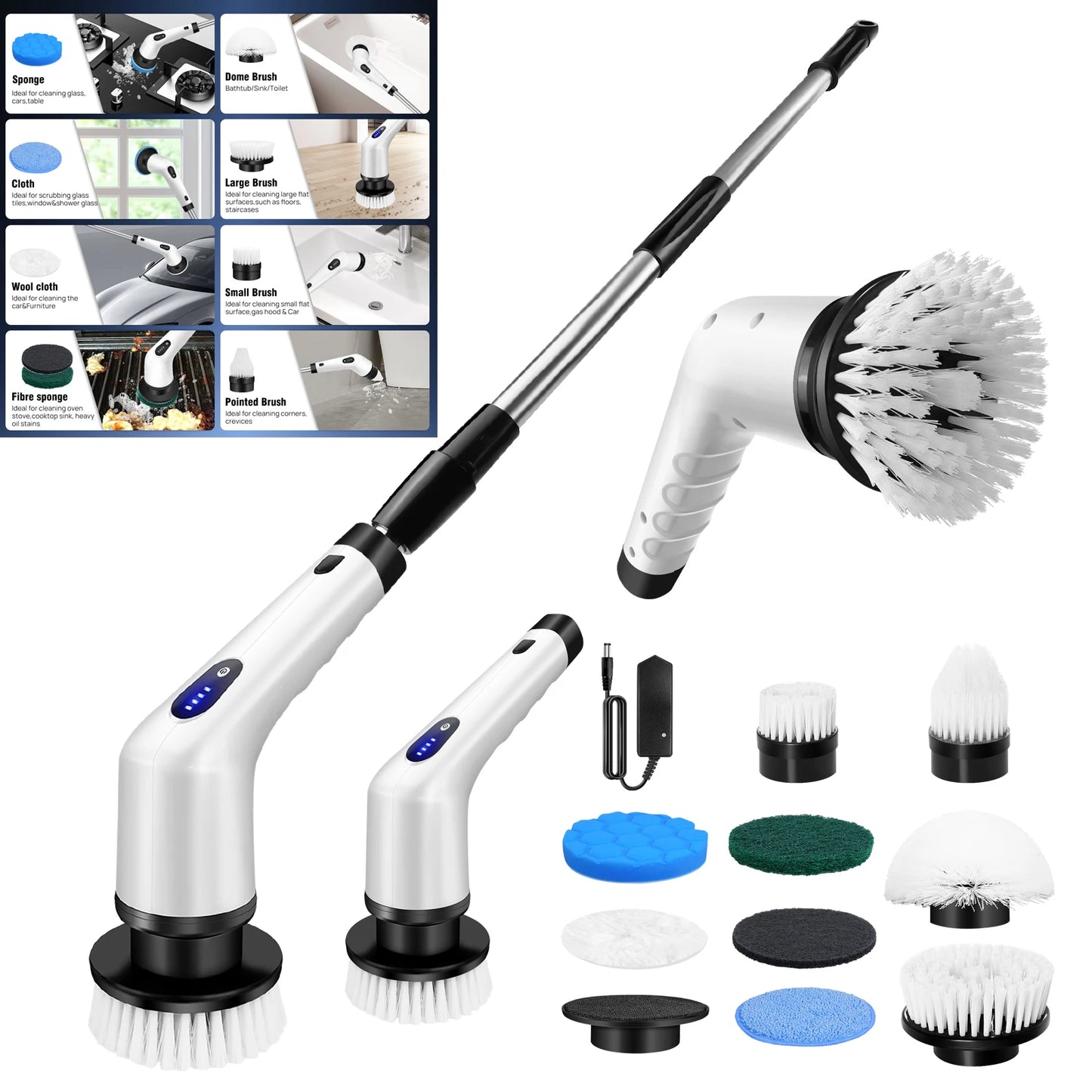Cordless Electric Spin Scrubber 10-in-1 – Multifunctional Rotary Cleaning Brush for Kitchen & Bathroom