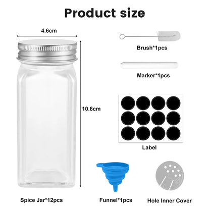 12-Piece 120ML Glass Spice Jar Set – Transparent Seasoning Bottles with Adjustable Shaker Lids