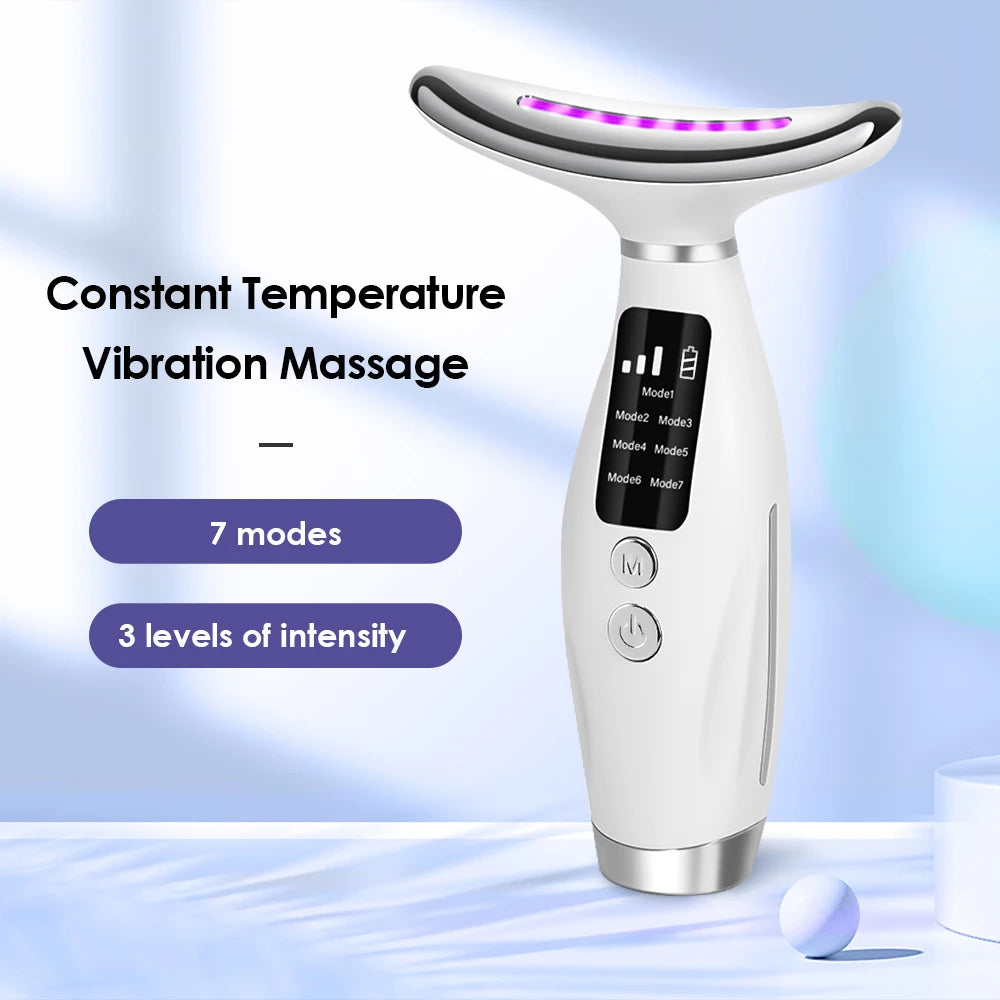 7-Color LED Neck & Face Massager – Vibrating Skin Tightening & Lifting Device | Portable Anti-Aging Rejuvenation Tool for Wrinkles & Firming