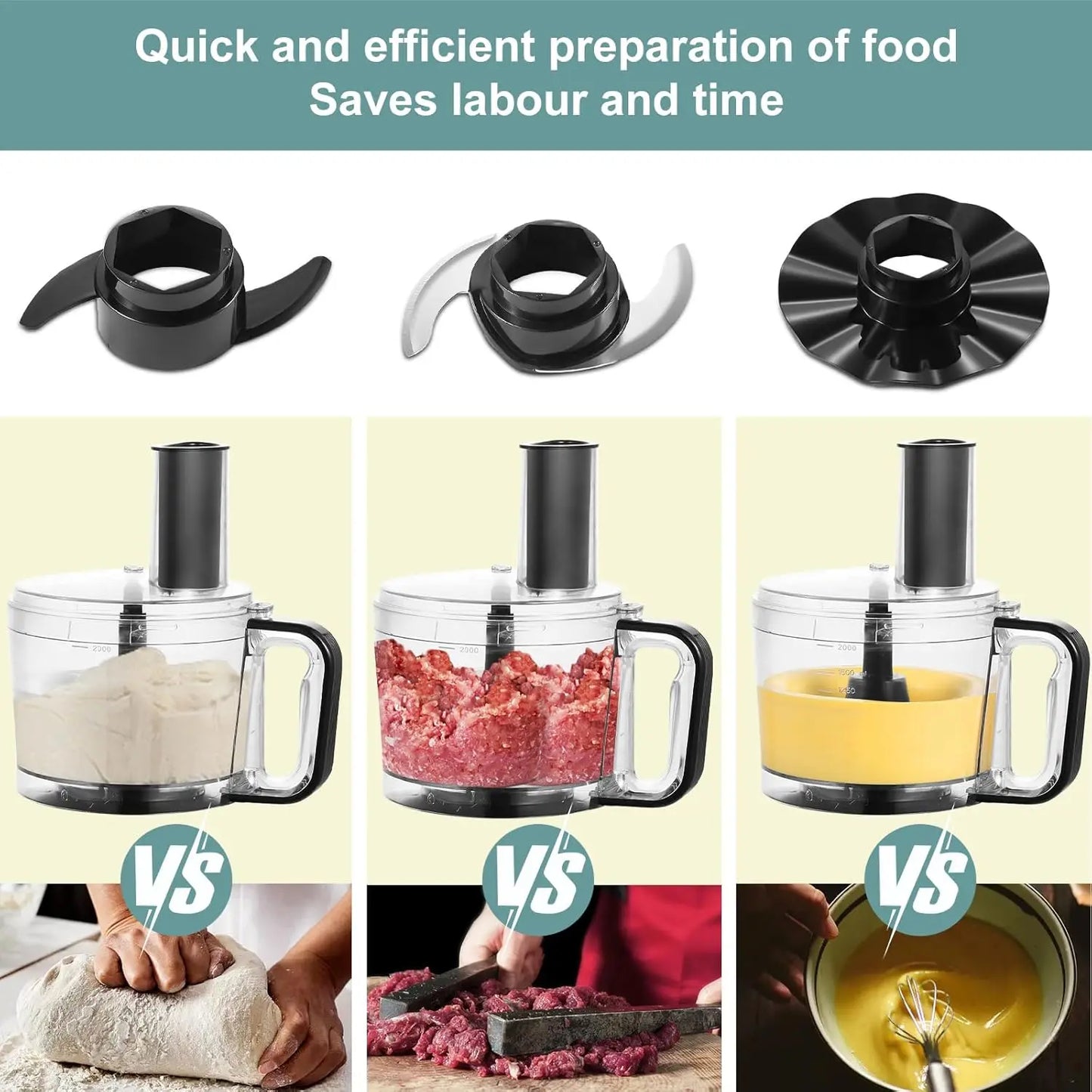 6-in-1 Food Processor 800W – 2L Mixing Bowl with 3 Speeds & Pulse for Chopping, Slicing, Shredding & Dough Kneading