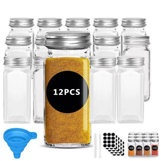 12-Piece 120ML Glass Spice Jar Set – Transparent Seasoning Bottles with Adjustable Shaker Lids